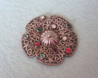 Large vintage sewing button - openwork design - filigree style - flower design with colorful paste~ Mid 20th century