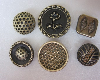 Lot of 6 small antique Victorian sewing buttons - brass - screen types - one square, one pictorial! collector buttons