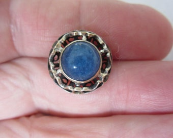 Small vintage sewing button - blue glass mounted in white metal - beautiful!