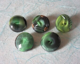 5 vintage glass sewing buttons - moonglows - green - black base - pretty ones!! Mid 20th century - collector buttons