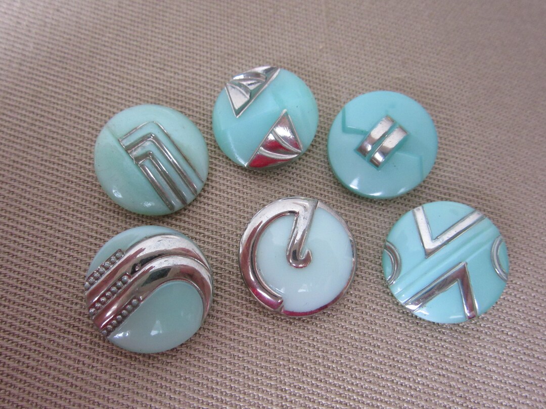 6 Small Early 20th Century Glass Sewing Buttons Aqua With Silver Luster