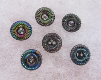 Set of 6 small antique sewing buttons - China  - black with iridescent luster