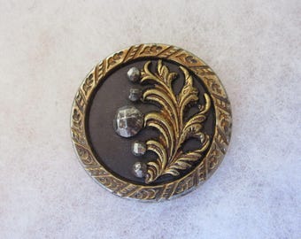 Large Victorian brass sewing button - plant life - botanical - embellished with riveted steel