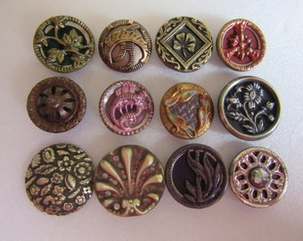 Beautiful lot of 12 small antique sewing brass buttons - some original tint - collectible - great components (l)