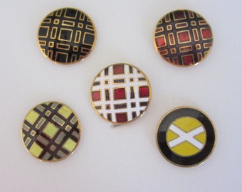 5 small enameled sewing buttons - contemporary - checkered patterns - signed KD