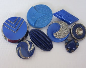 Lot of  8 vintage sewing buttons - BLUE - Art Deco era - shapes, silver luster, -- little beauties!