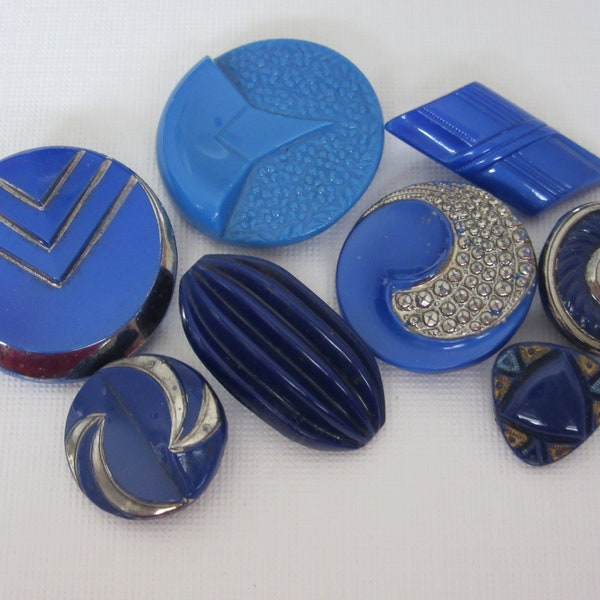 Lot of  8 vintage sewing buttons - BLUE - Art Deco era - shapes, silver luster, -- little beauties!