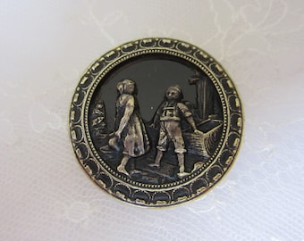 Large Antique brass sewing button - pictorial - boy and girl at well - sweet!  Victorian era collector button