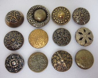 Lot of 12 small antique Victorian sewing buttons - brass - good variety - embellishments, collectibles...