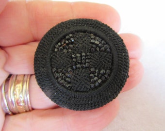 Large antique sewing button - needle work with tiny beads - black - collector button