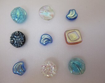 Lot of 9 Tiny vintage glass sewing buttons - Aurora Borealis finish - 3 are dimi size