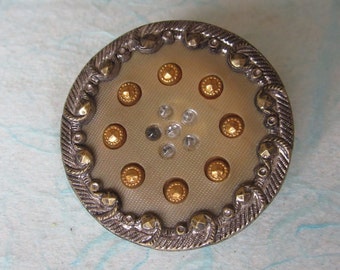 Large antique sewing button - Victorian Celluloid - perforate type - protruding glass and metal
