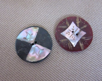 2 medium antique sewing buttons - 19th century - shell mounted on celluloid - gilt - neat designs