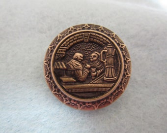 Medium antique brass sewing button - pictorial - two monks relaxing  - neat subject - collector button