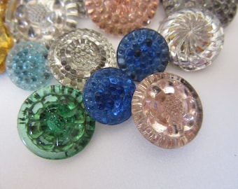 Lot of 18 vintage glass sewing buttons - clear, reverse painted with mirror back -- Festive!