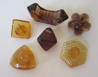 6 vintage clear colored Amber glass sewing buttons - delightful group! collector buttons - jewelry components - neat shapes
