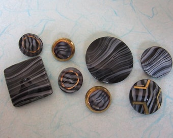 Lot of 8 vintage glass sewing buttons - slag - stripes - some moonglows - one square -black & white