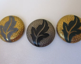 3 medium Edwardian era sewing buttons - brass with painted leaf design - stylish - Art Nouveau inspired