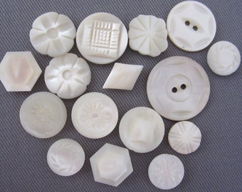 Lot of 16 Medium and small, antique and vintage shell sewing buttons - shapes, carved, nice variety of designs - jewelry components