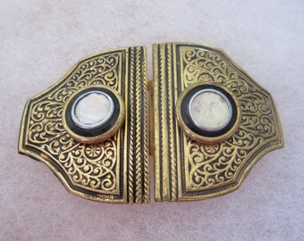 Antique belt buckle - Early 20th century - brass embellished with shell - Czechoslovakia -- sweet!