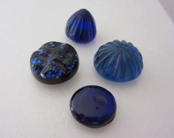 4 small Cobalt blue glass sewing button - antique - charm string types