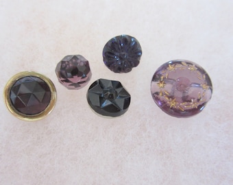 5 small antique sewing buttons - amethyst / purple colored glass- nice variety - collector buttons