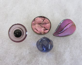 4 vintage antique glass sewing buttons - amethyst colors - purple luster realistic leaf
