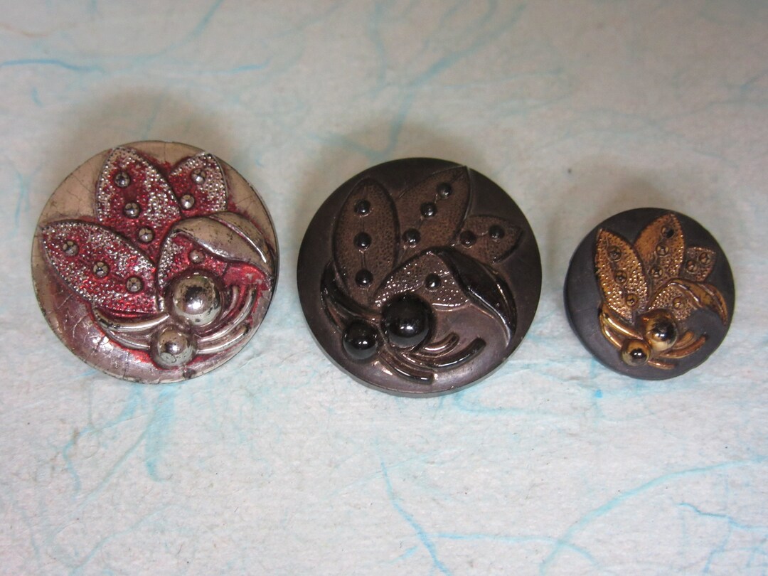 3 Antique Black Glass Sewing Buttons Pictorial Same Design, Various
