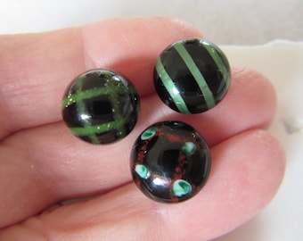 3 antique glass sewing buttons - black and green design - Waistcoat - one rosette shank