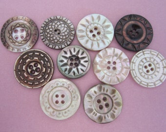 Lot of 10 Medium sized antique shell sewing buttons - Victorian and Early Edwardian era - carved - classy