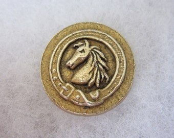 Medium vintage sewing button - horse with belt border - neat! cast metal - collector button  - equestrian subject