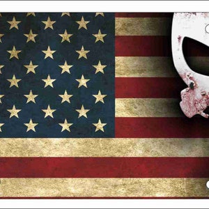 May include: A distressed American flag with a white skull and crossbones graphic overlayed on the right side. The skull has red blood splatters on it.