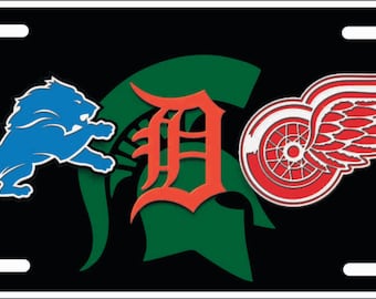 Detroit Michigan State sports teams Custom License Plate combined logos
