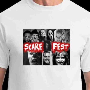 May include: A white t-shirt with a black and white collage of horror movie characters. The text "SCARE FEST" is in red letters.