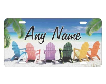Beach Chairs Tropical Beach Scene Personalized Custom Novelty front License Plate Decorative auto tag
