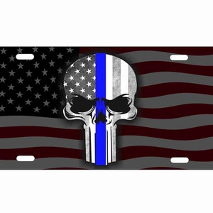 Patriotic skull thin blue line on American flag novelty front license plate Decorative vanity aluminum sign car tag