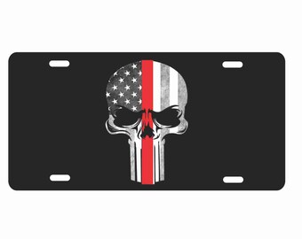 Firefighter Skull Thin Red Line American Flag License Plate