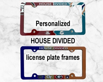 Personalized House Divided License Plate Frame Decorative License Plate Holder with any school, Sport Team or military branch