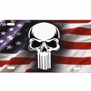 Patriotic Skull on American Flag background Novelty front License plate Decorative Vanity Aluminum Car Tag