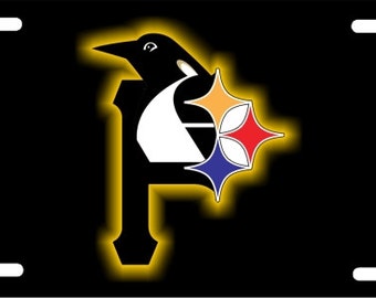 Pittsburgh sports teams combined logo on black background decorative license plate