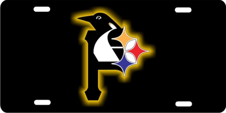 Personalized Custom License Plate Pittsburgh Sports Teams Combined Logo Steelers Pirates Penguins On Black Background