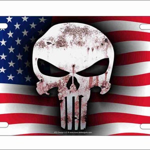 Skull on American flag novelty front license plate Decorative patriotic vanity aluminum sign car tag