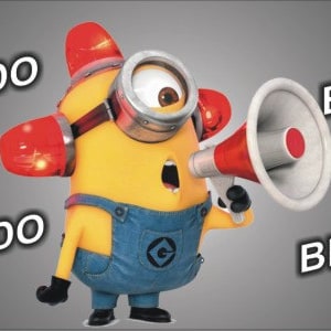 May include: A yellow minion character with blue overalls and goggles is holding a megaphone and shouting "BEE-DO" in a gray background.