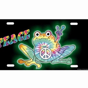 May include: A black license plate with a tie-dye frog holding a peace sign and the word "PEACE" in rainbow letters.