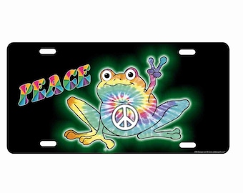 Peace tie dye frog novelty front license plate decorative vanity aluminum sign
