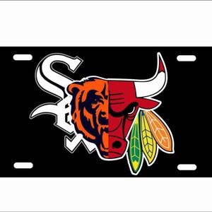 May include: Black and white license plate with a white Chicago White Sox logo on the left side and a red Chicago Bulls logo on the right side. The Bulls logo is a red bull with black horns and a black nose. The White Sox logo is a white S with a white outline. The background of the license plate is black.