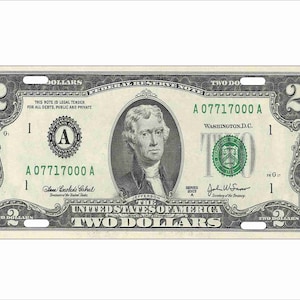 2 Dollar Geldschein Personalisiertes Individuelles Neuheits-Front-Kennzeichen dekorative Auto-Tag