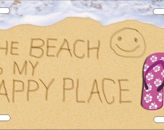Beach Happy Place License Plate, Custom Sand & Flip Flops