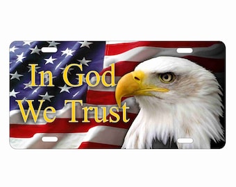 In God We Trust American Bold Eagle Patriotic Novelty License Plate Eagle Head on American Flag Americana Decor front vanity plate