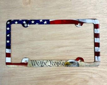American Flag License Plate Frame, We The People with Eagle Design, 12 x 6 inches, Patriotic Car Accessory